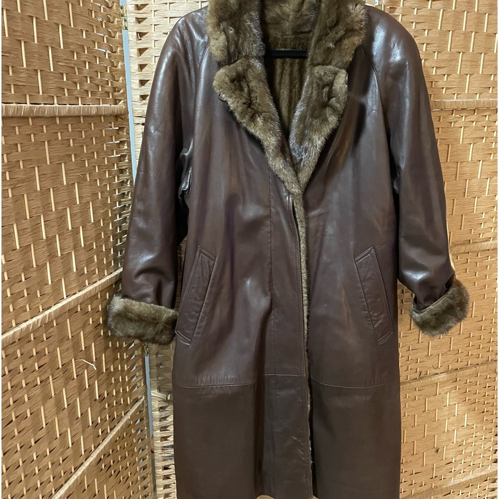 Brown Leather Jacket with Faux Fur Trim